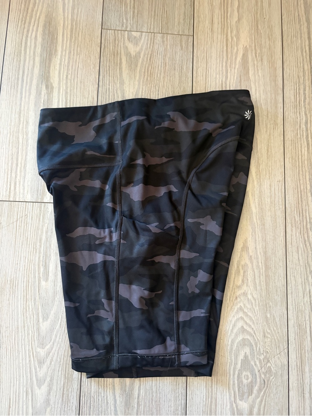 Athleta Ultimate Stash Pocket Black & Dark Gray Camo Bike Shorts